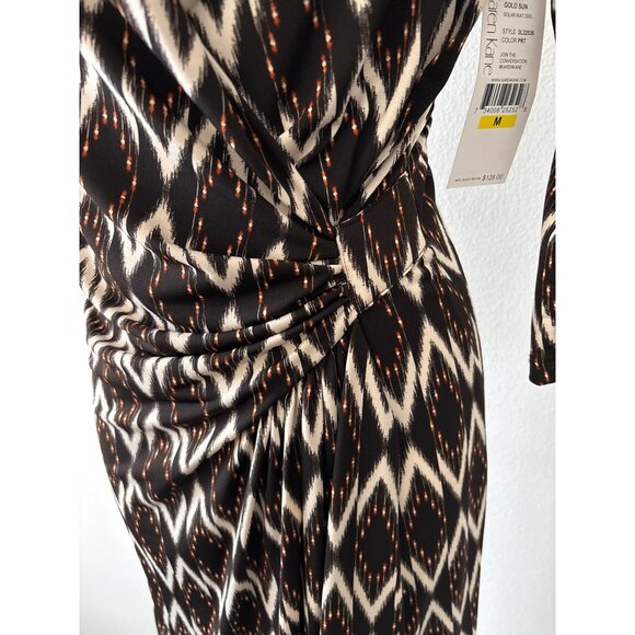 NWT Karen Kane Dress Size M Boho Chic Solar Ikat Faux Wrap Gold Sun Brown Black - Picture 15 of 16